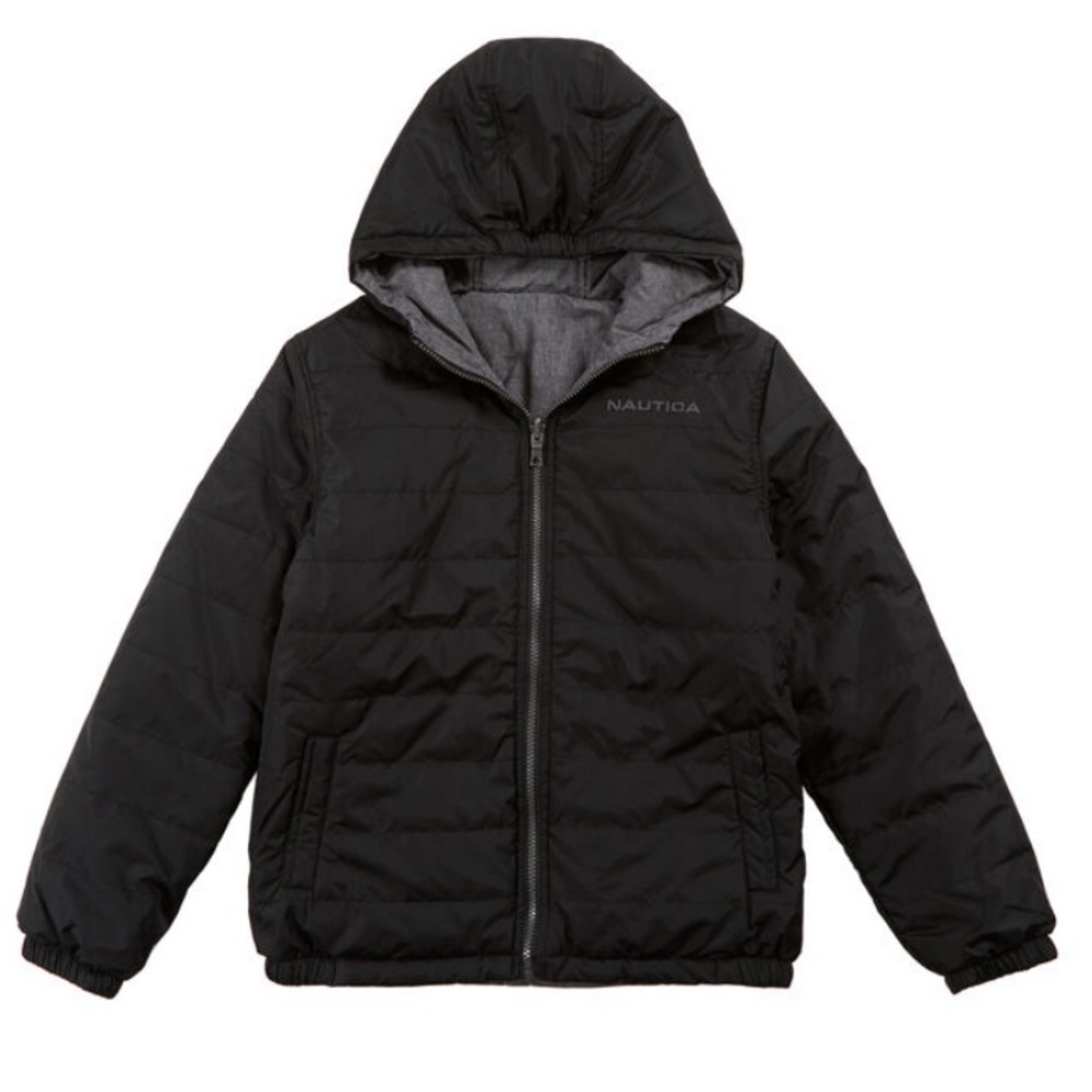 (M-10/12)- Nautica BOY'S REVERSIBLE BUBBLE JACKET Gray/Black